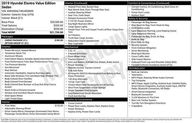 2019 Hyundai ELANTRA Value Edition